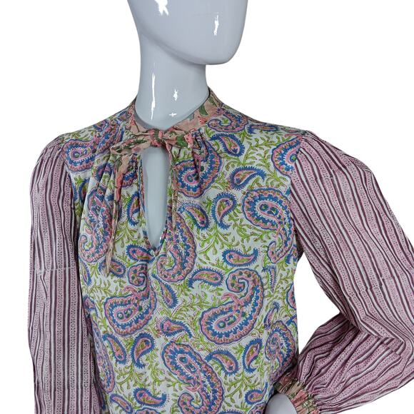 Joey Wolffer Reworked Paisley Boho Blouse Size XS Pink and Blue Long Sleeve - Picture 4 of 9